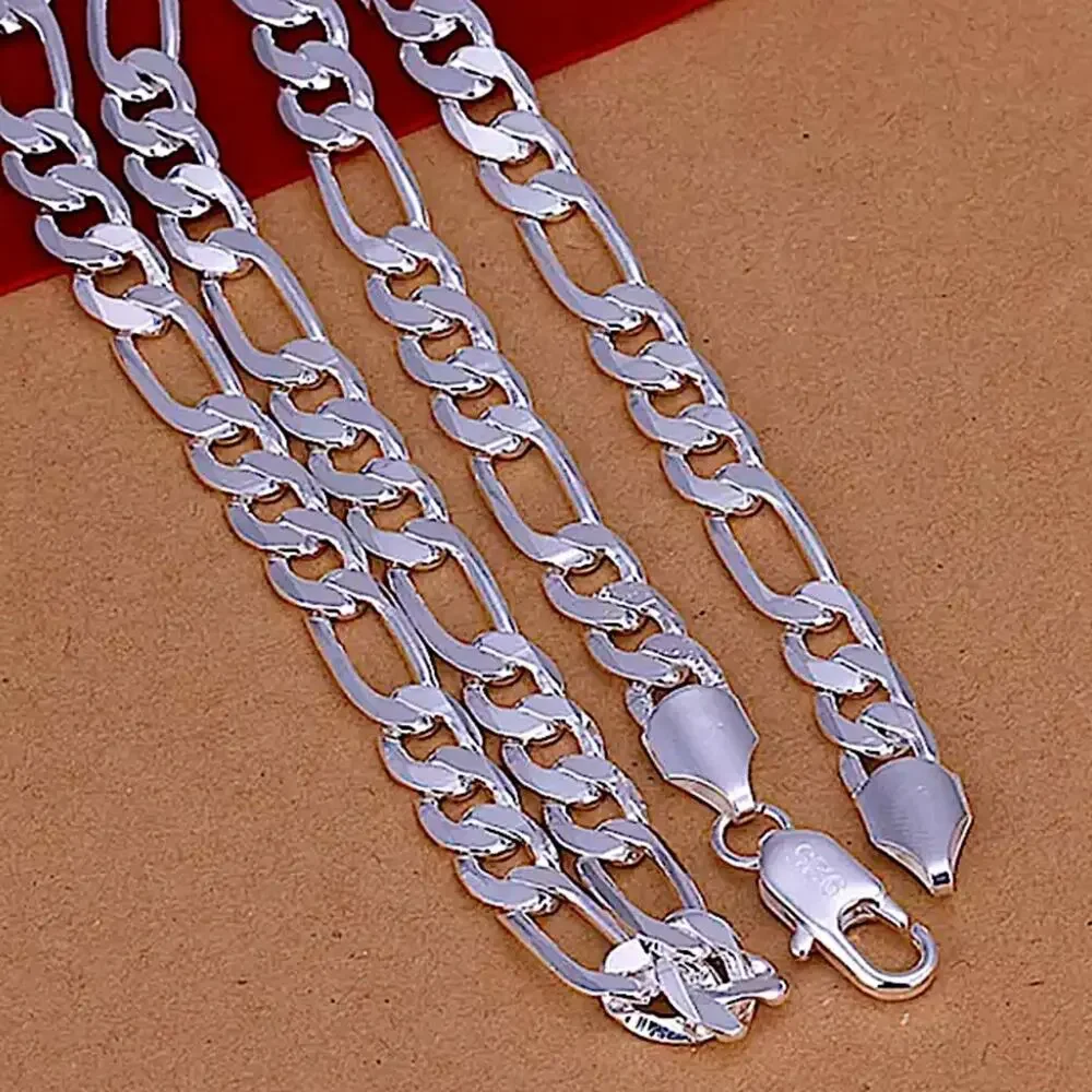 SILVER CUBAN FIGARO CHAIN LINK NECKLACE + BRACELET STERLING STMP .925 SET